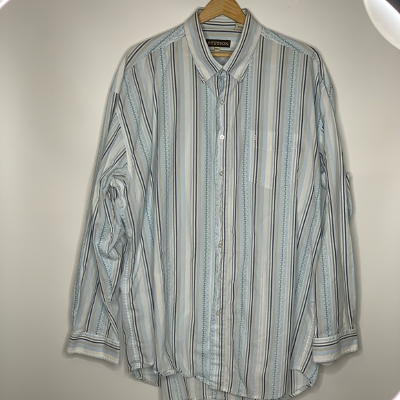 Stetson Other - Stetson 2XL White Tan Blue Striped Button Down
